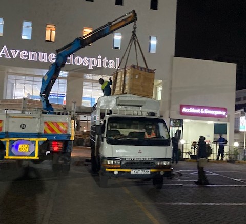 Famio Truck Mounted Crane for hire offloading medical equipment at Avenue Hospital Nairobi Kenya